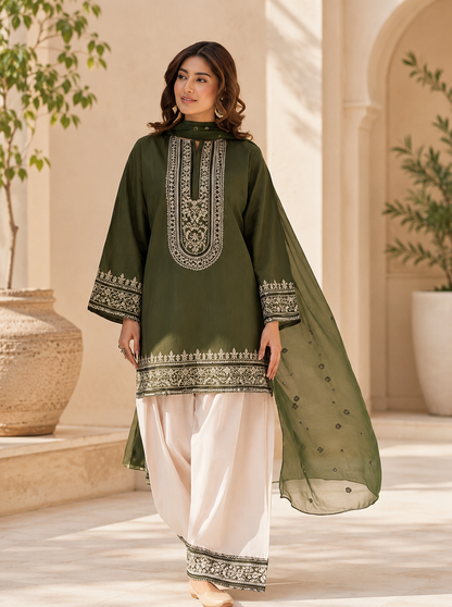 Luxury Olive Green Embroidered Women's 2 Piece Suit