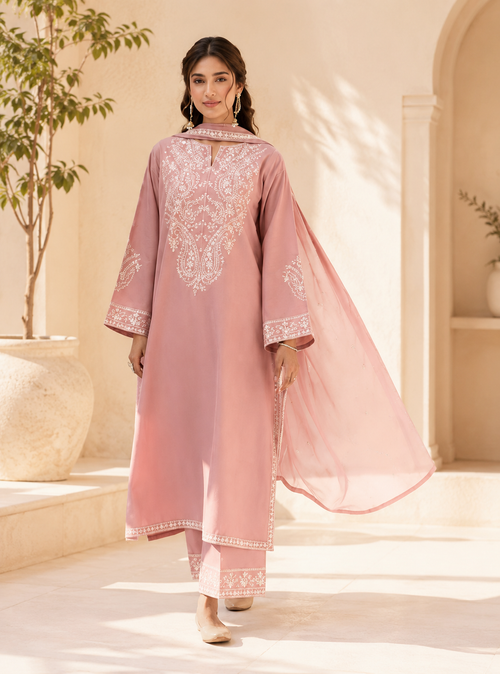 Luxury Blush Pink Embroidered Women's 3 Piece Suit