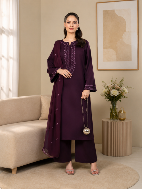 Luxury Plum Purple Embroidered Women's 3 Piece Suit