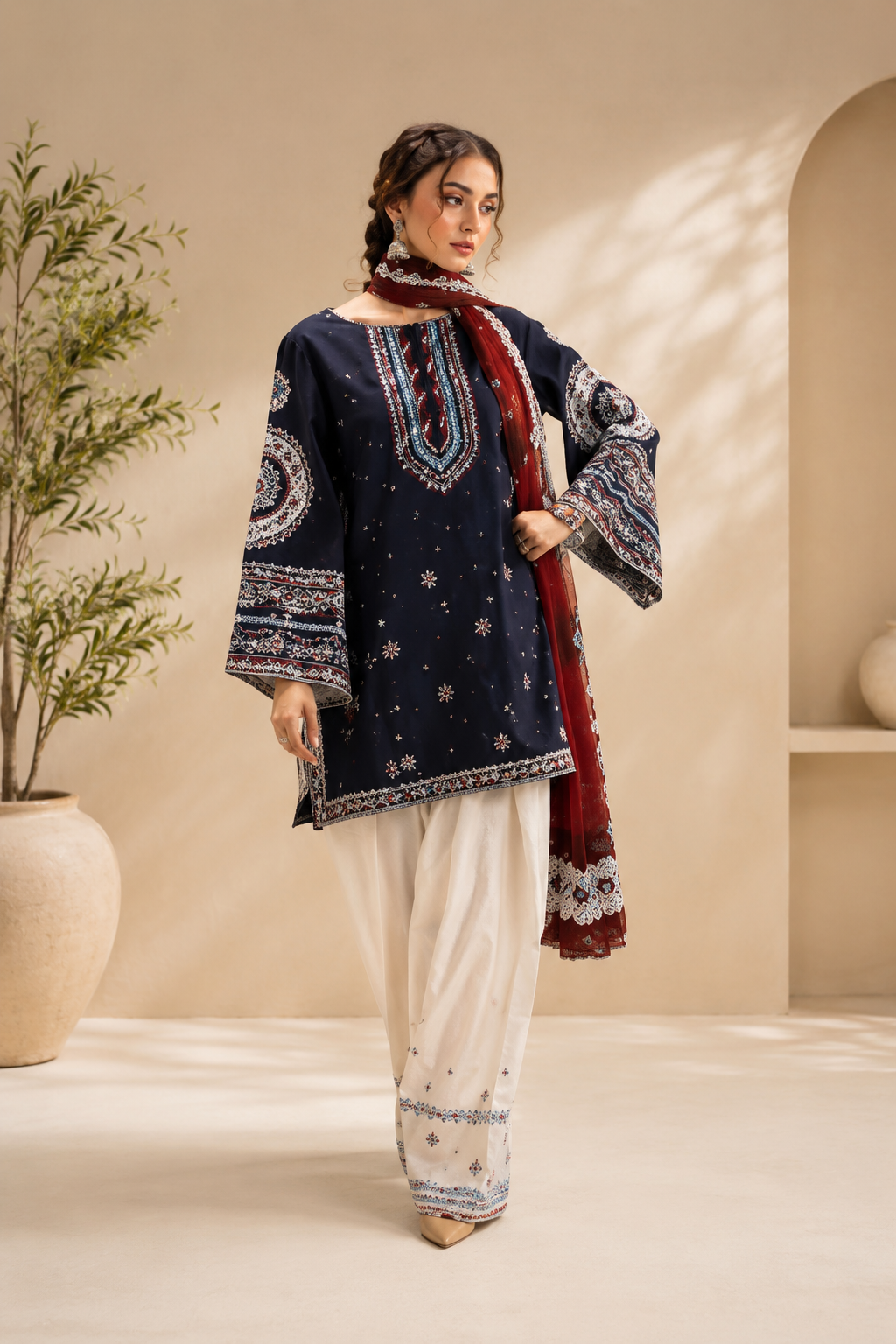 Luxury Navy Blue Embroidered Women's 3 Piece Suit