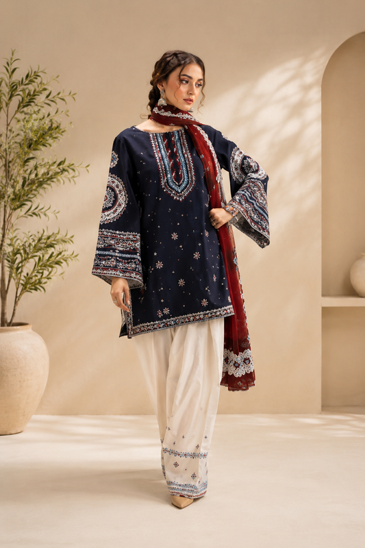 Luxury Navy Blue Embroidered Women's 3 Piece Suit