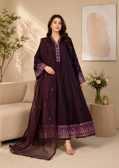 Luxury Deep Plum Embroidered Women's 3 Piece Suit