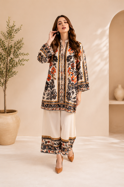 Luxury Cream Floral Printed Women's 2 Piece Suit