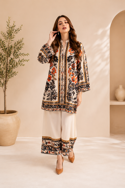 Luxury Cream Floral Printed Women's 2 Piece Suit