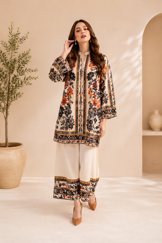 Luxury Cream Floral Printed Women's 2 Piece Suit