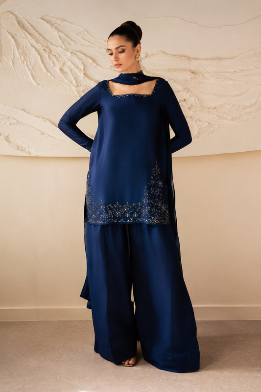 Luxury Navy Blue Embellished Women's 2 Piece Suit