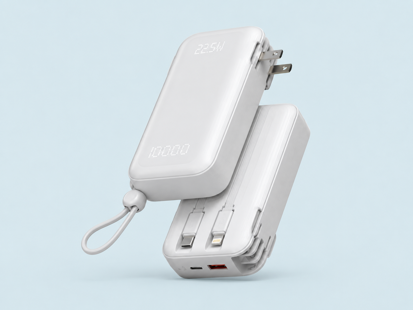 10000mAh 22.5W Fast Charging Power Bank with Built-in Cables & AC Plug