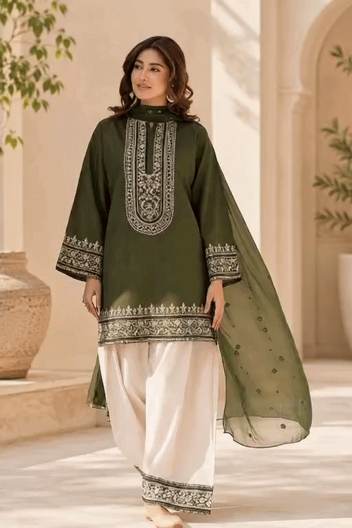 Luxury Olive Green Embroidered Women's 2 Piece Suit