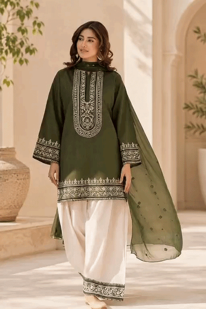 Luxury Olive Green Embroidered Women's 2 Piece Suit