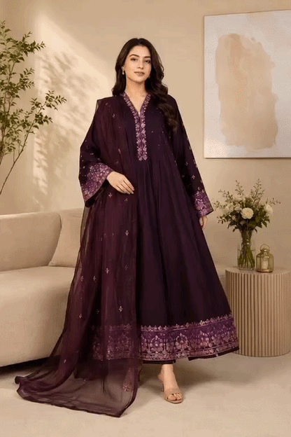 Luxury Deep Plum Embroidered Women's 3 Piece Suit