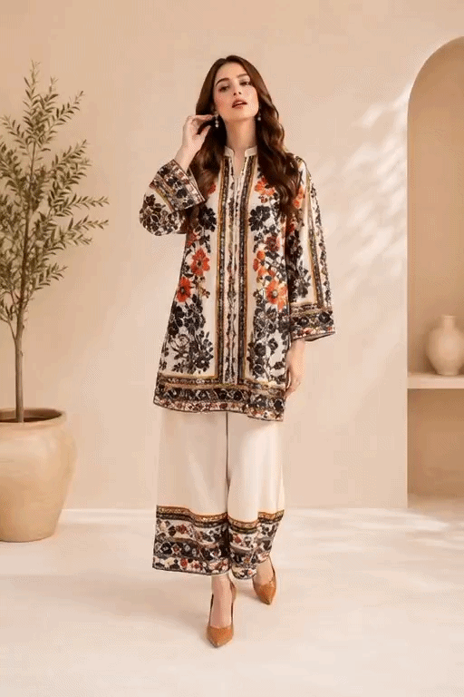 Luxury Cream Floral Printed Women's 2 Piece Suit